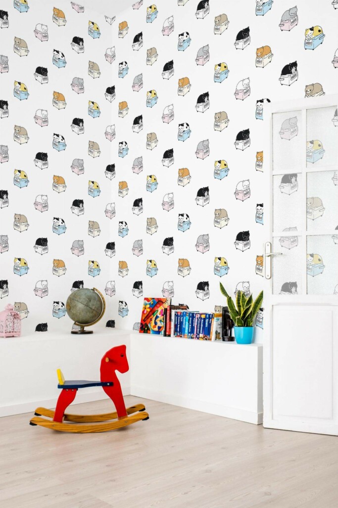 Scandinavian style kids room decorated with Cats peel and stick wallpaper