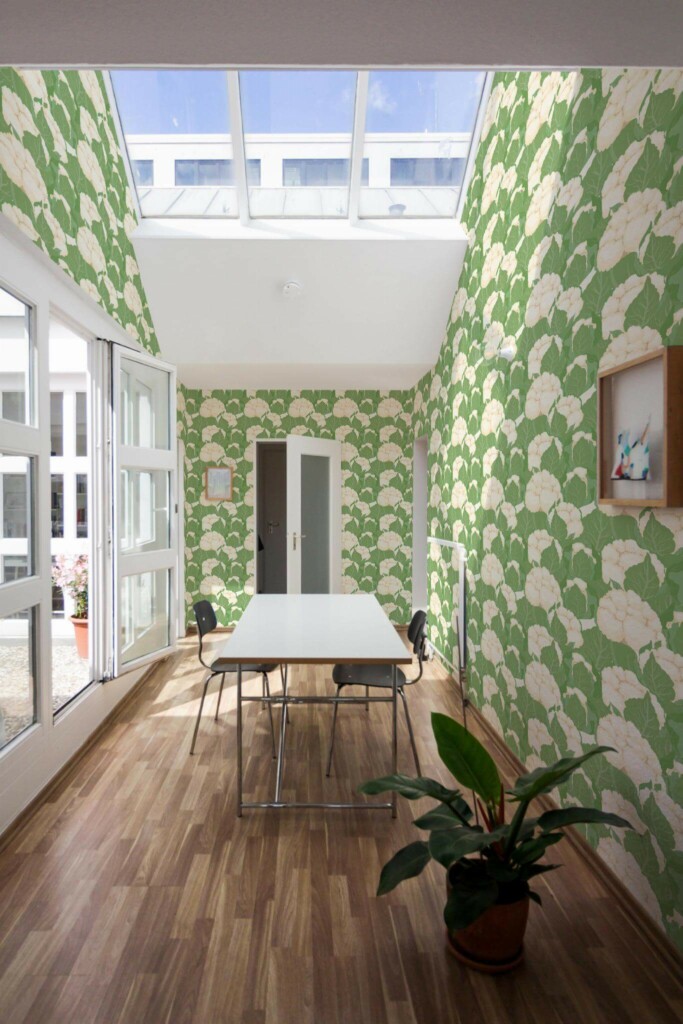 Minimal style dining room next to a balcony decorated with Cauliflower peel and stick wallpaper