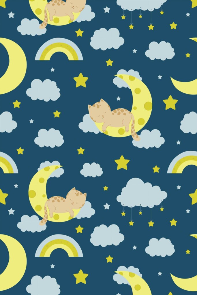 Pattern repeat of Celestial cat removable wallpaper design