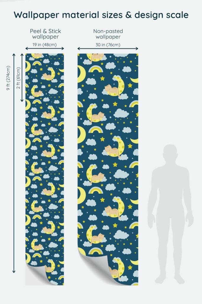 Size comparison of Celestial cat Peel & Stick and Non-pasted wallpapers with design scale relative to human figure
