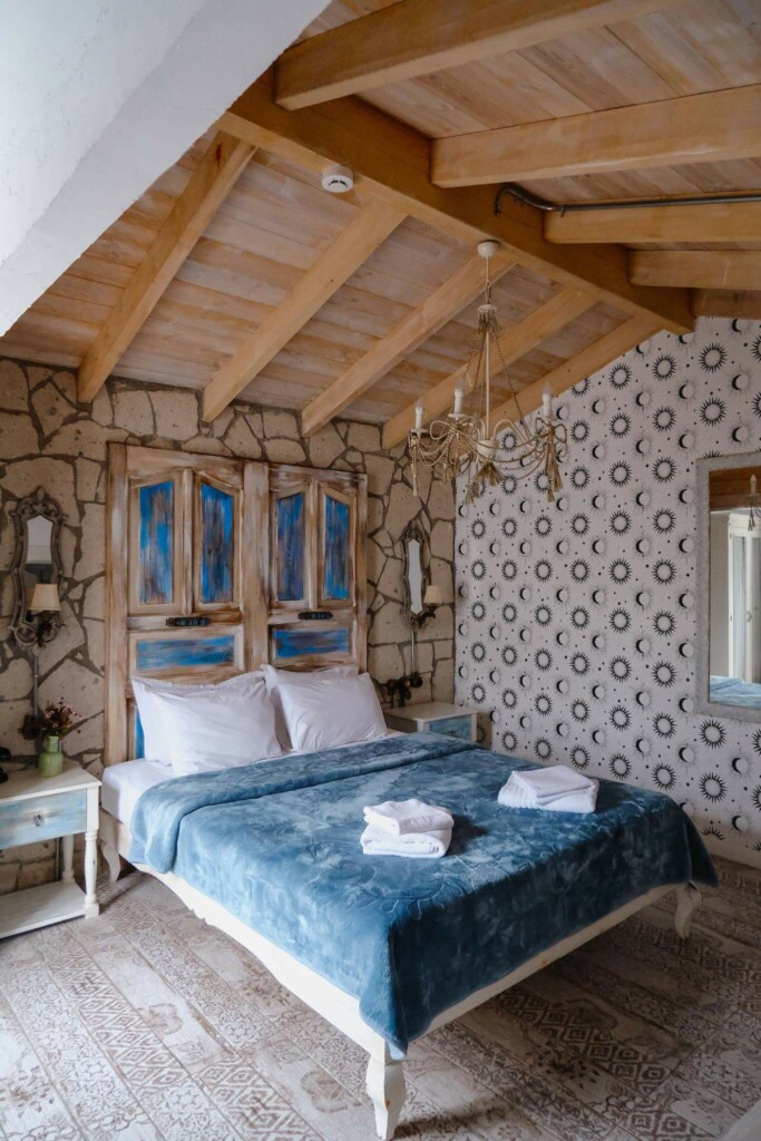 Farmhouse style bedroom decorated with Celestial pattern peel and stick wallpaper