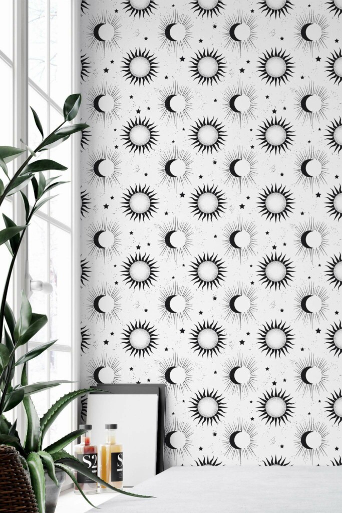 Minimal style home office decorated with Celestial pattern peel and stick wallpaper