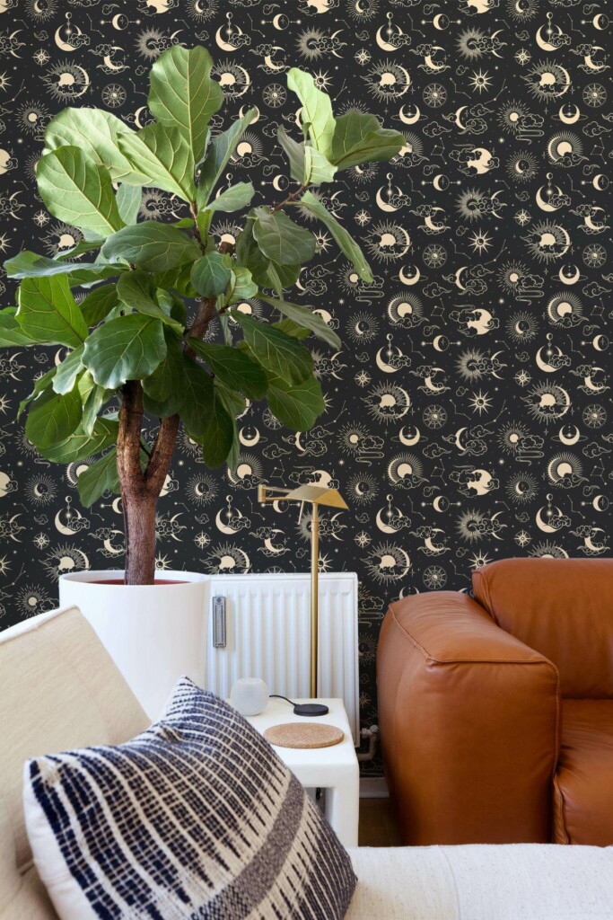 Mid-century style living room decorated with Celestial peel and stick wallpaper