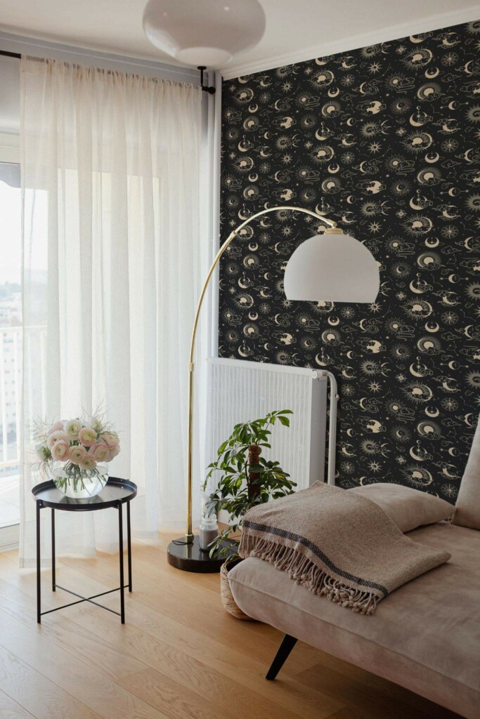 Bohemian Scandinavian style living room decorated with Celestial peel and stick wallpaper