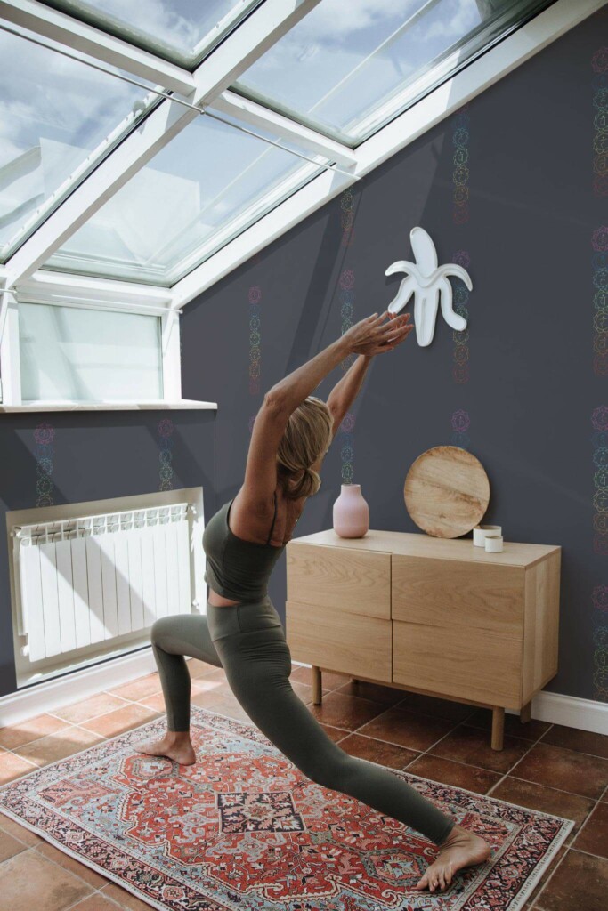 Boho Scandinavian style yoga room decorated with Chakra peel and stick wallpaper