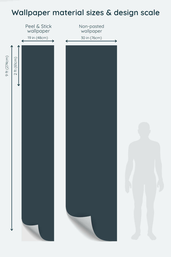 Size comparison of Charcoal solid color Peel & Stick and Non-pasted wallpapers with design scale relative to human figure
