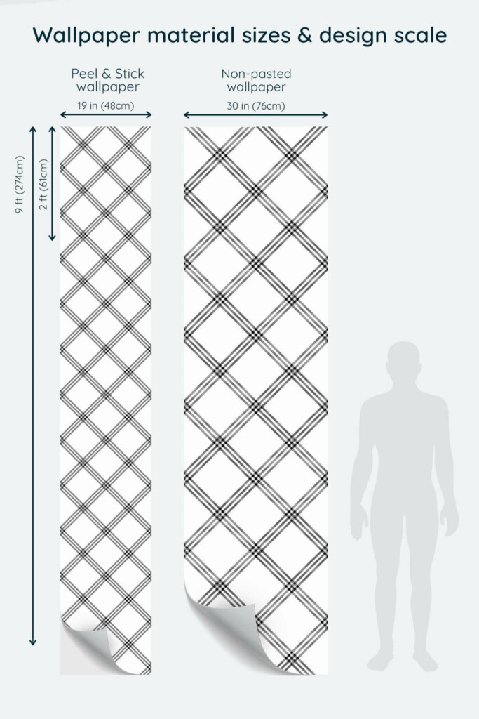 Size comparison of Check Peel & Stick and Non-pasted wallpapers with design scale relative to human figure
