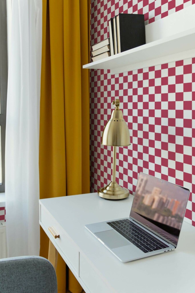 Scandinavian style home office decorated with Checkered magenta peel and stick wallpaper