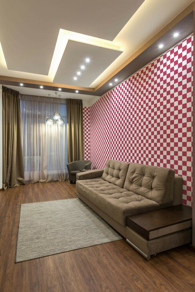 Modern Eastern European style living room decorated with Checkered magenta peel and stick wallpaper