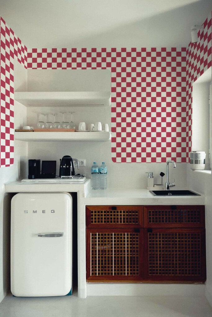 Rustic minimal style kitchen decorated with Checkered magenta peel and stick wallpaper