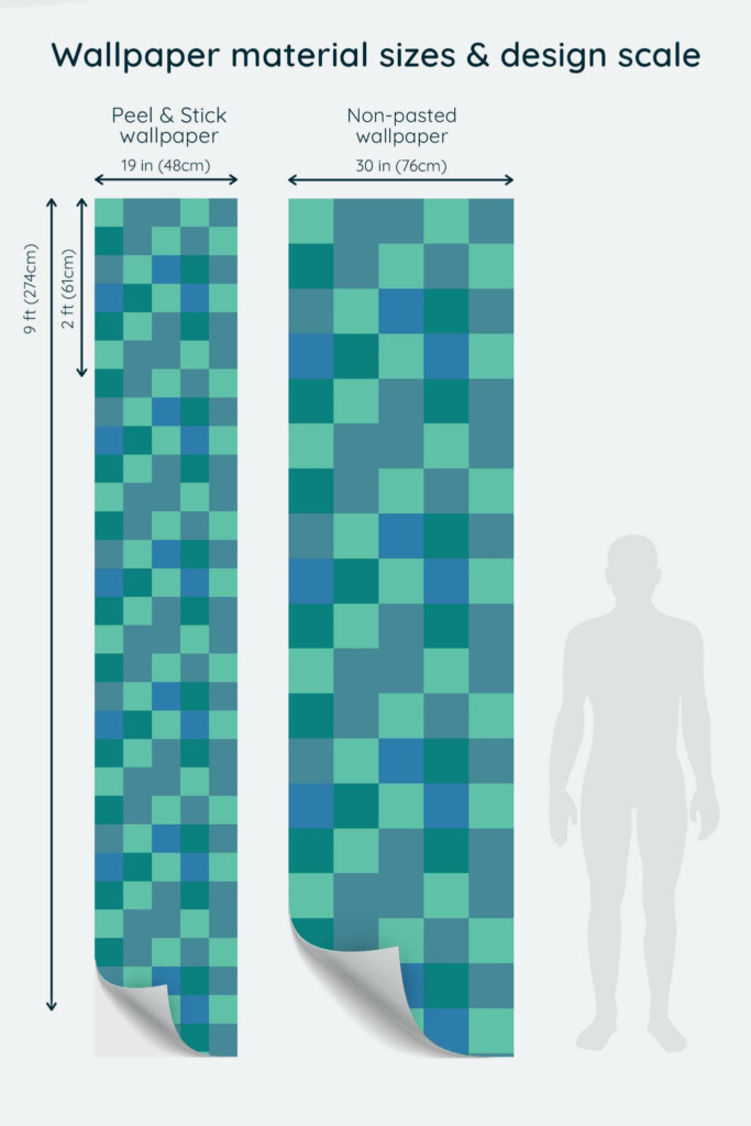 Size comparison of Checkered Turquoise Peel & Stick and Non-pasted wallpapers with design scale relative to human figure