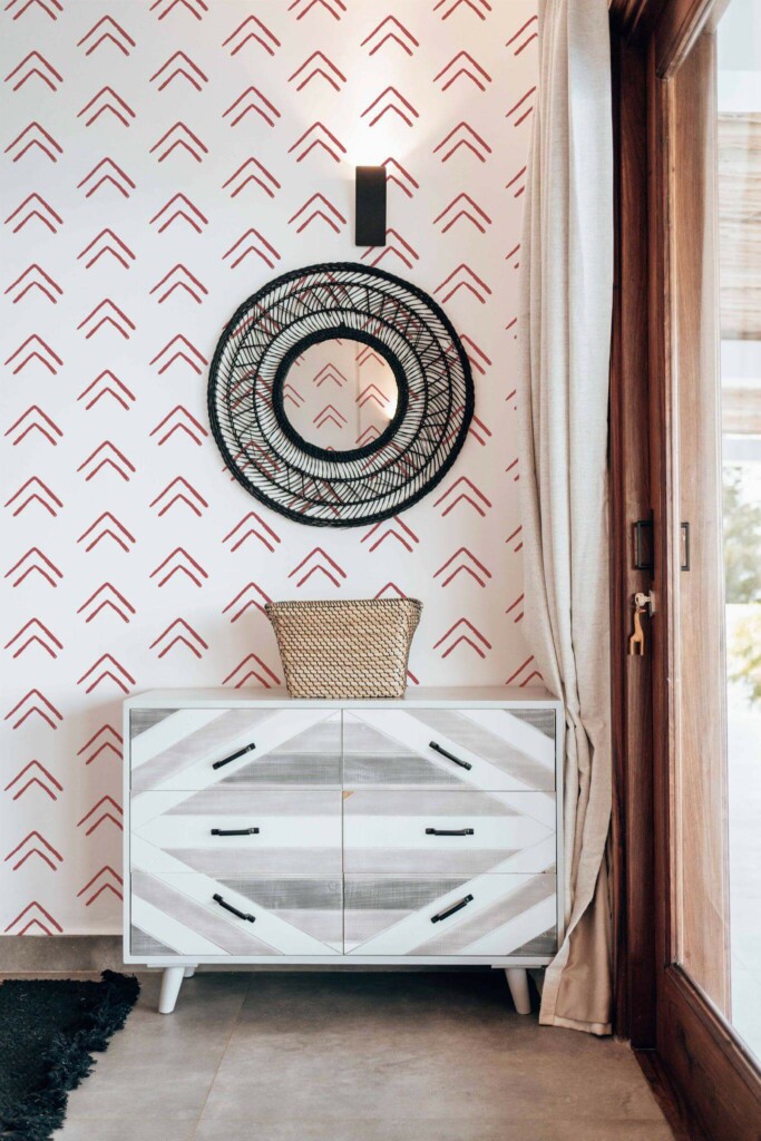 Modern farmhouse style living room decorated with Cheerful Chevron peel and stick wallpaper