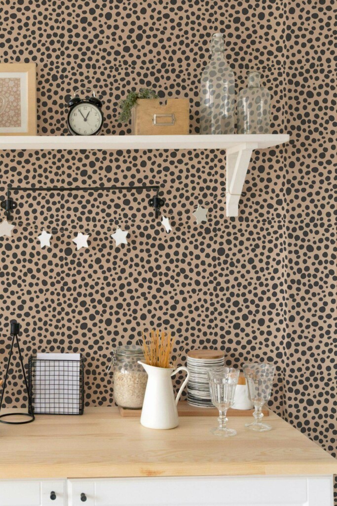 Light farmhouse style kitchen decorated with Cheetah print peel and stick wallpaper