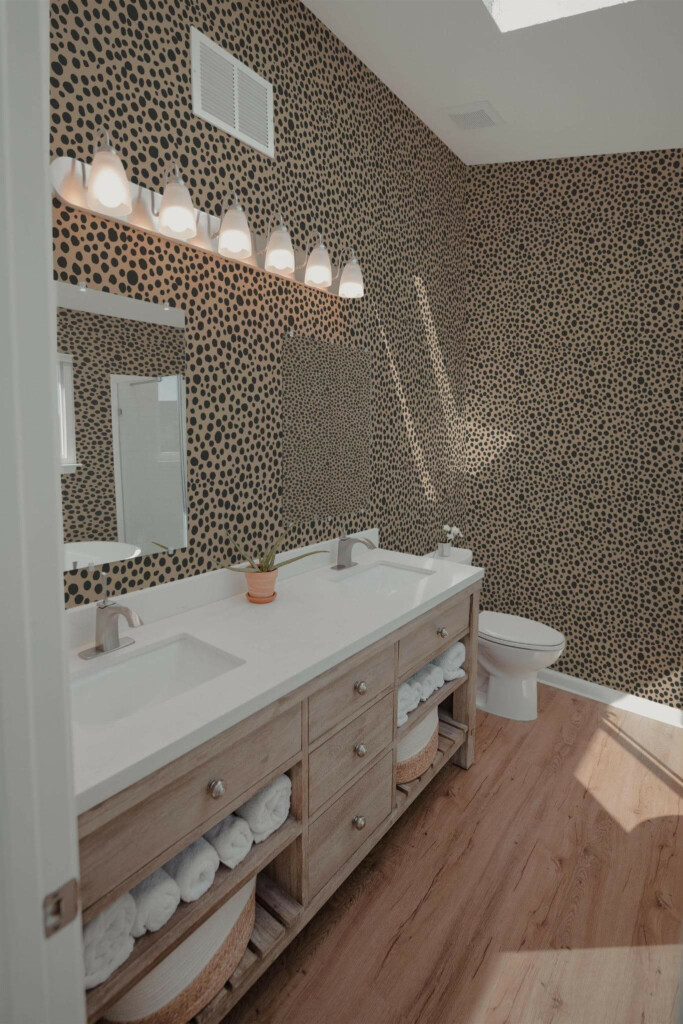 Modern farmhouse style powder room decorated with Cheetah print peel and stick wallpaper