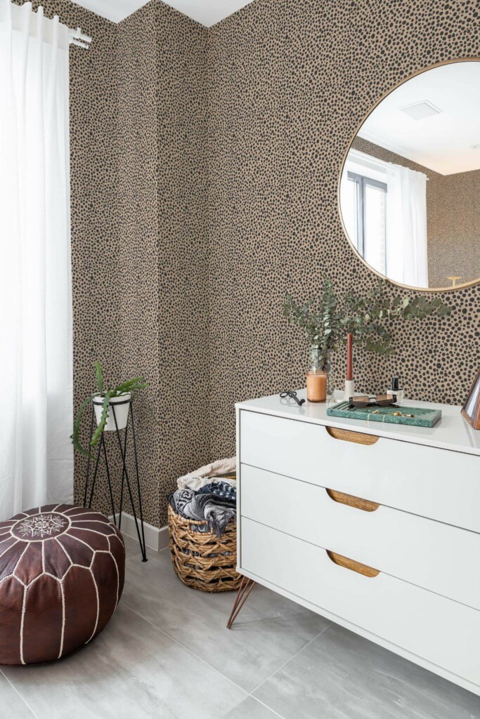 Scandinavian style bedroom decorated with Cheetah print peel and stick wallpaper and Mediterranean accents