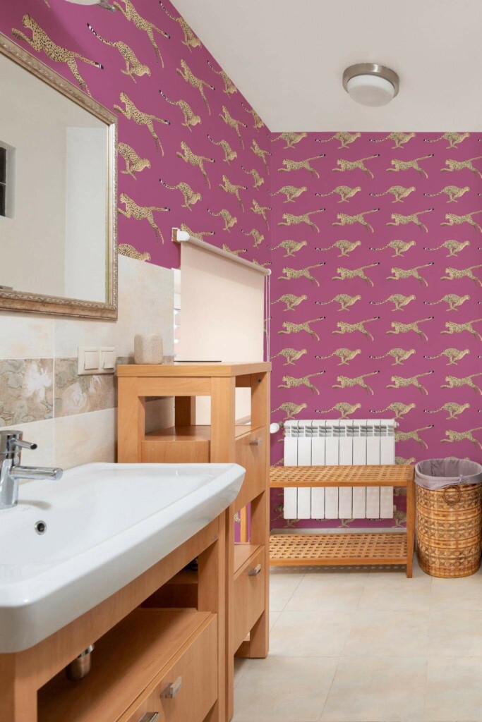 Mid-century modern style bathroom decorated with Cheetah peel and stick wallpaper