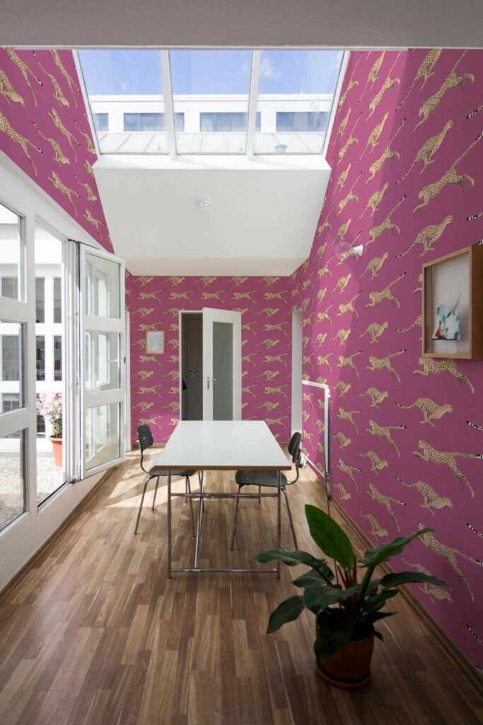 Minimal style dining room next to a balcony decorated with Cheetah peel and stick wallpaper