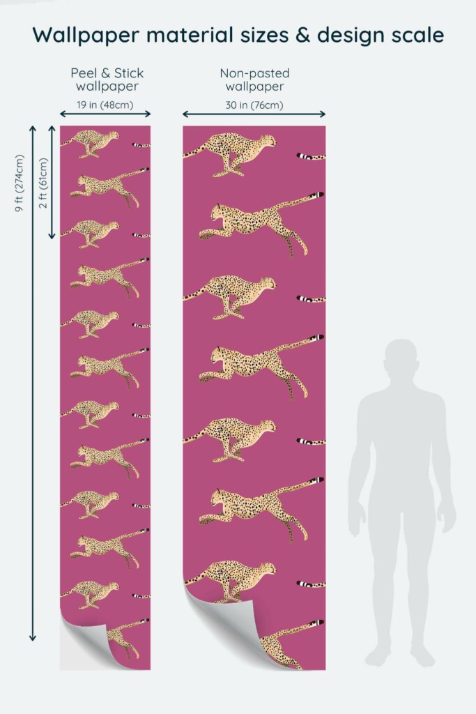 Size comparison of Cheetah Peel & Stick and Non-pasted wallpapers with design scale relative to human figure