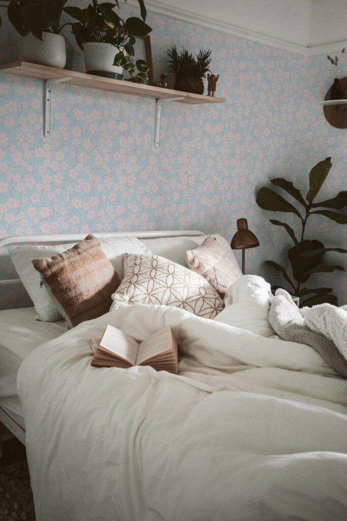 Boho style bedroom decorated with Cherry blossom peel and stick wallpaper