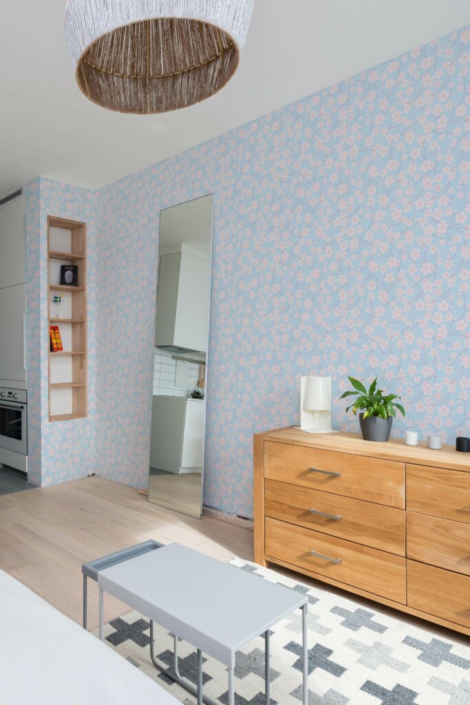 Scandinavian style small apartment decorated with Cherry blossom peel and stick wallpaper