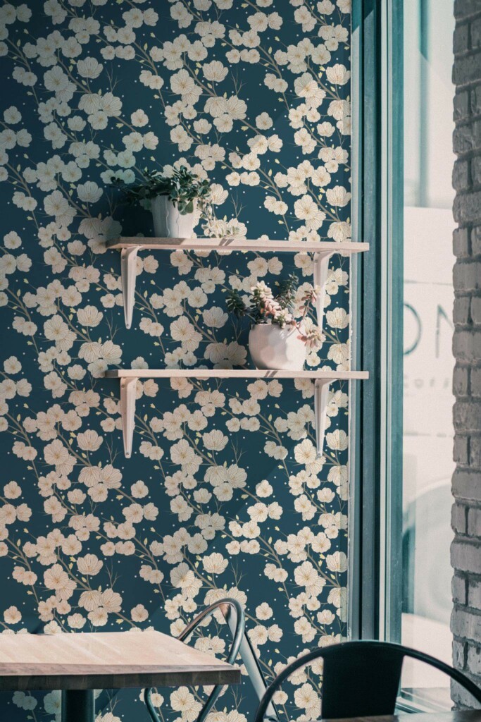 Industrial style cafe decorated with Cherry blossoms peel and stick wallpaper