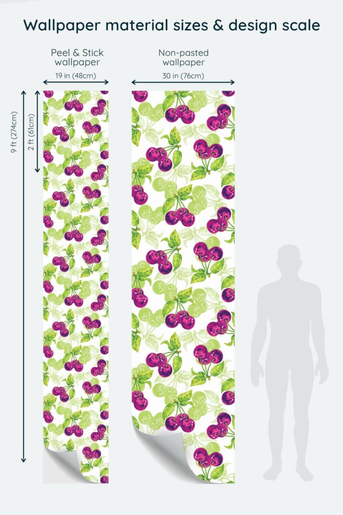 Size comparison of Cherry Peel & Stick and Non-pasted wallpapers with design scale relative to human figure