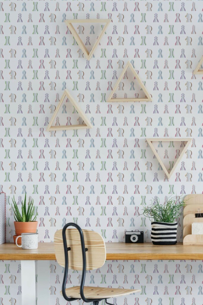Scandinavian style home office decorated with Chess peel and stick wallpaper