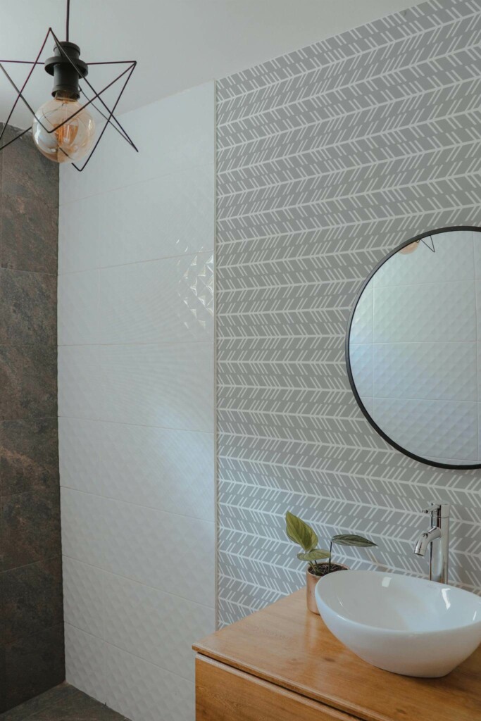 Modern style bathroom decorated with Chevron arrow peel and stick wallpaper