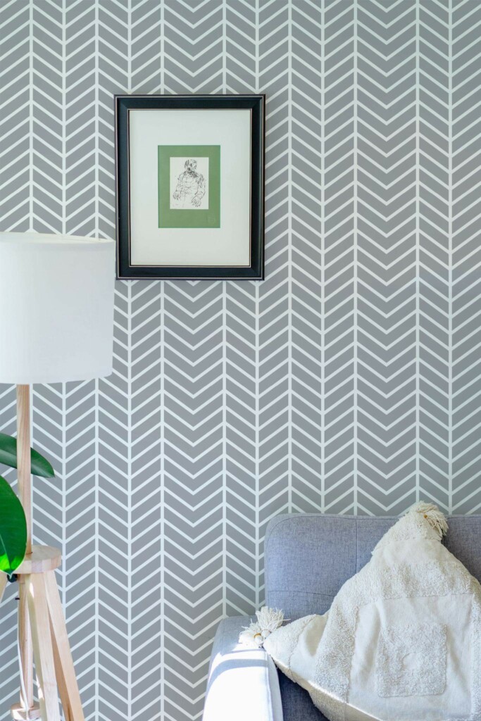 Eastern European style living room decorated with Chevron herringbone peel and stick wallpaper