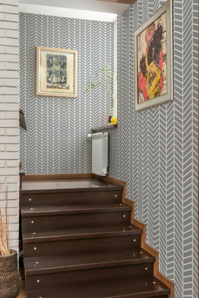 Mid-century style staircase decorated with Chevron herringbone peel and stick wallpaper