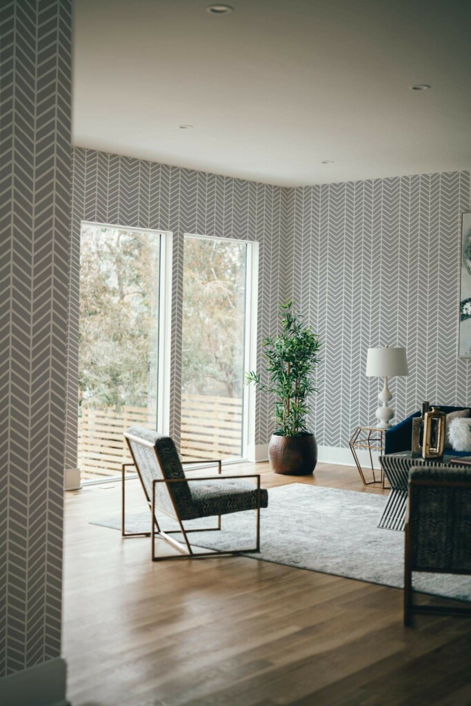Modern style living room decorated with Chevron herringbone peel and stick wallpaper