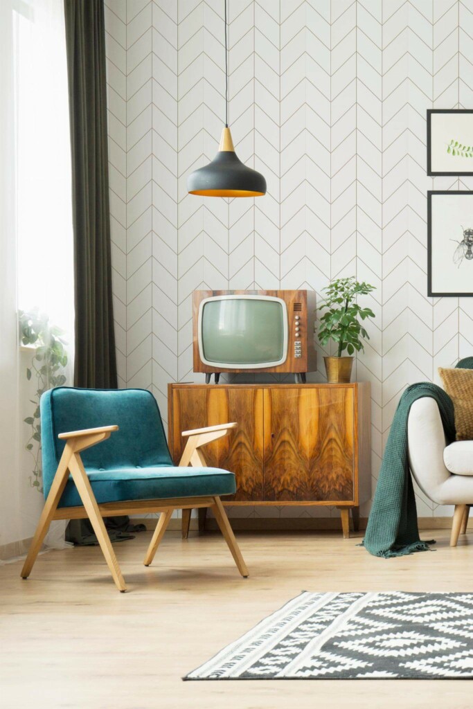 Mid-century modern style living room decorated with Chevron peel and stick wallpaper