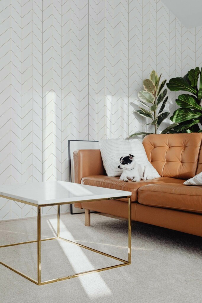Mid-century modern style living room with dog on a sofa decorated with Chevron peel and stick wallpaper