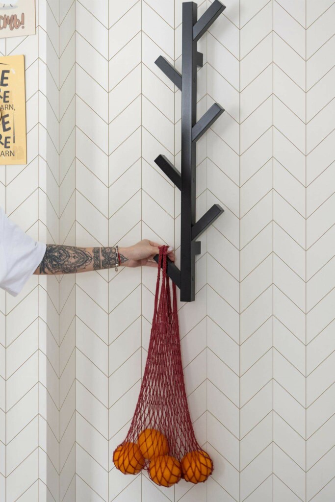 Scandinavian style kitchen decorated with Chevron peel and stick wallpaper