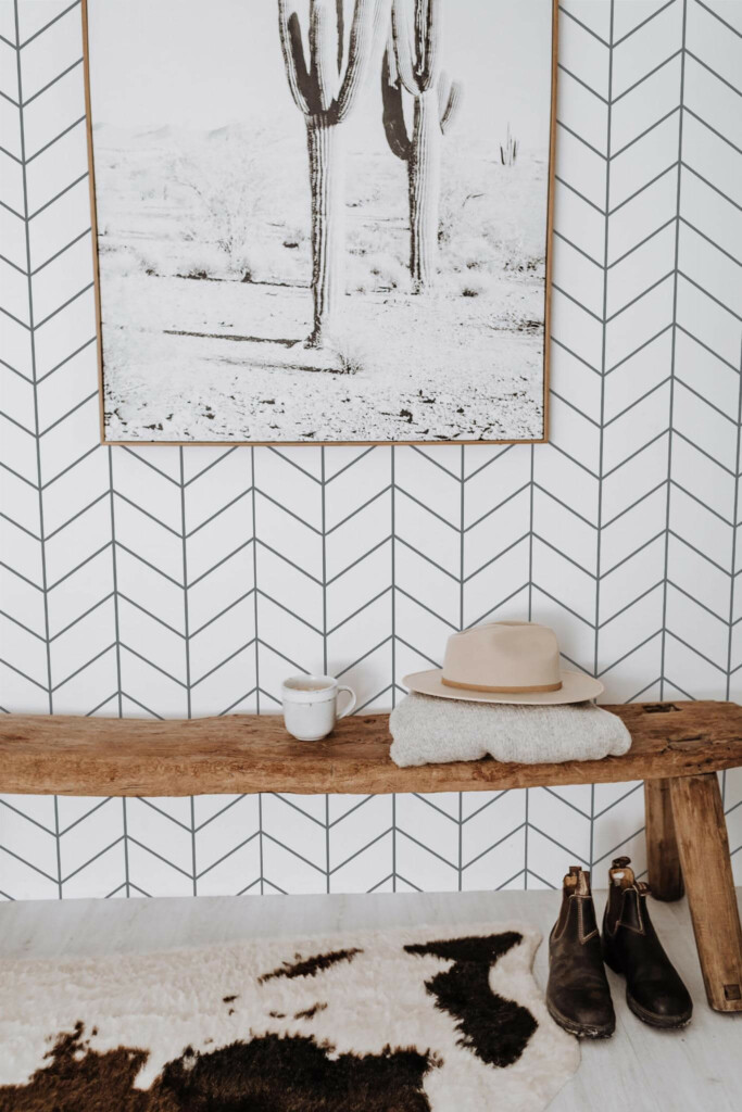 Scandinavian style entryway decorated with Chevron tile peel and stick wallpaper