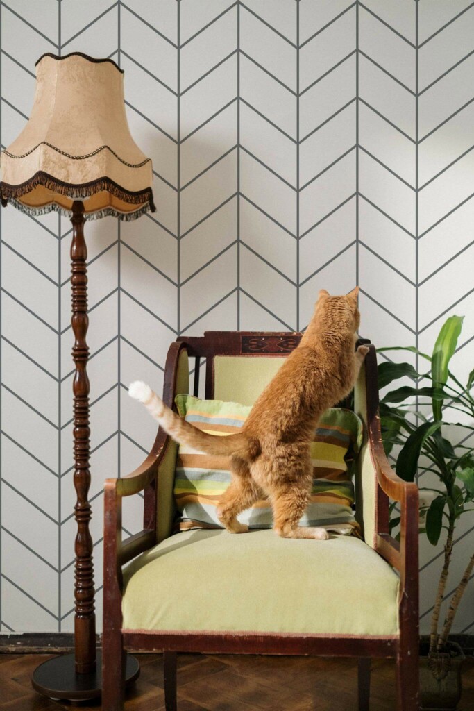 Victorian style living room with a cat decorated with Chevron tile peel and stick wallpaper