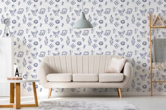chicken blue and white traditional wallpaper