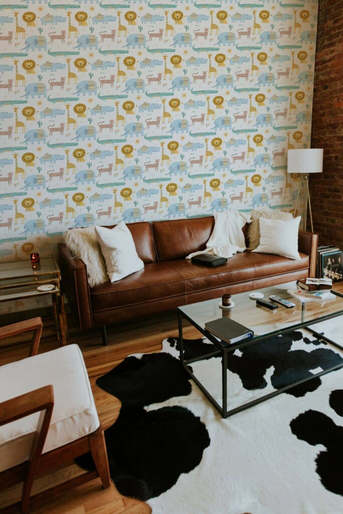 Mid-century modern style living room decorated with Childish animal pattern peel and stick wallpaper
