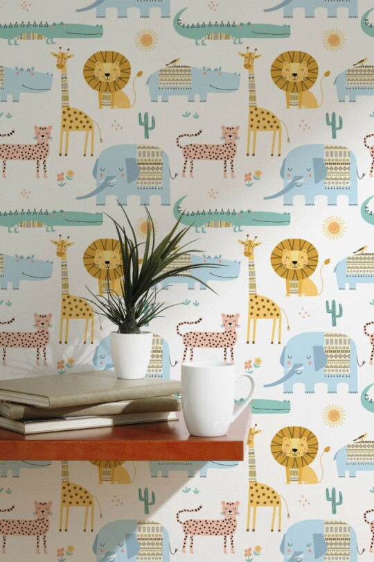 Scandinavian style accent wall decorated with Childish animal pattern peel and stick wallpaper