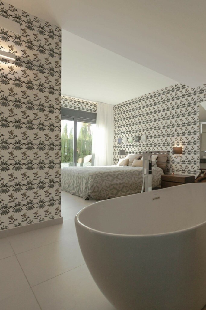 Modern style bedroom with open bathroom decorated with Chinoiserie floral dragon peel and stick wallpaper
