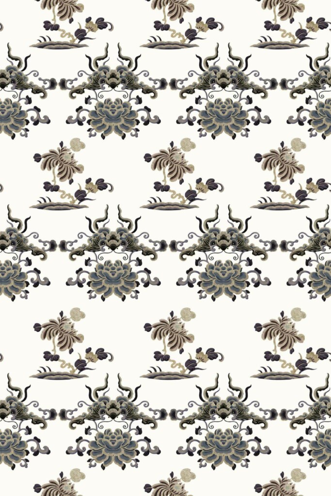 Pattern repeat of Chinoiseries floral dragon removable wallpaper design
