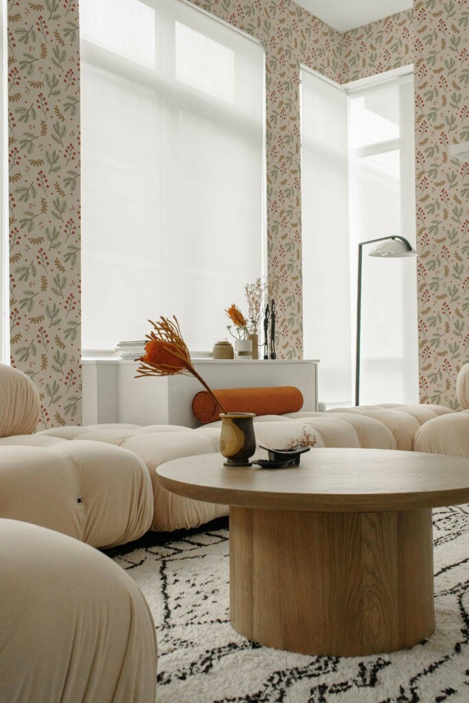 Contemporary style living room decorated with Christmas branch peel and stick wallpaper