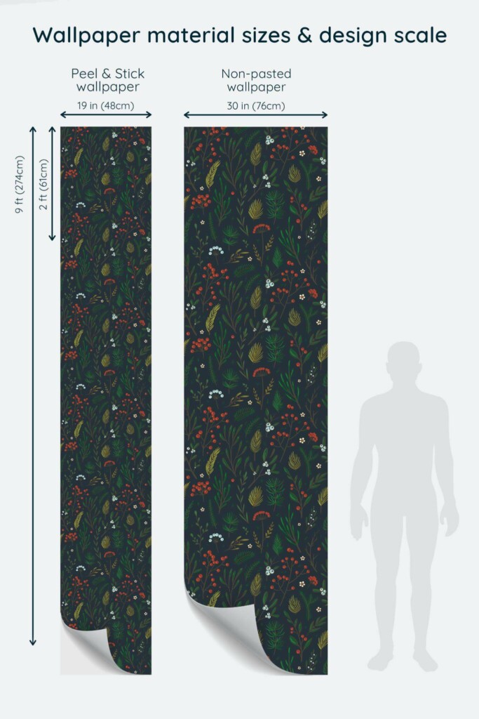 Size comparison of Christmas branch Peel & Stick and Non-pasted wallpapers with design scale relative to human figure