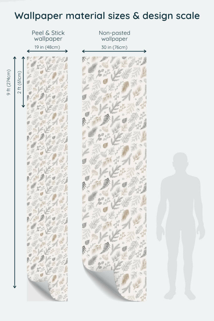 Size comparison of Christmas decor Peel & Stick and Non-pasted wallpapers with design scale relative to human figure