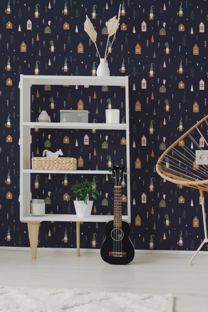 Minimal boho style living room decorated with Christmas elves peel and stick wallpaper