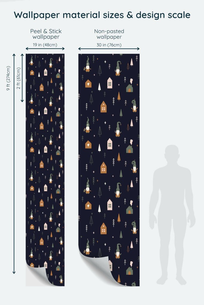 Size comparison of Christmas elves Peel & Stick and Non-pasted wallpapers with design scale relative to human figure