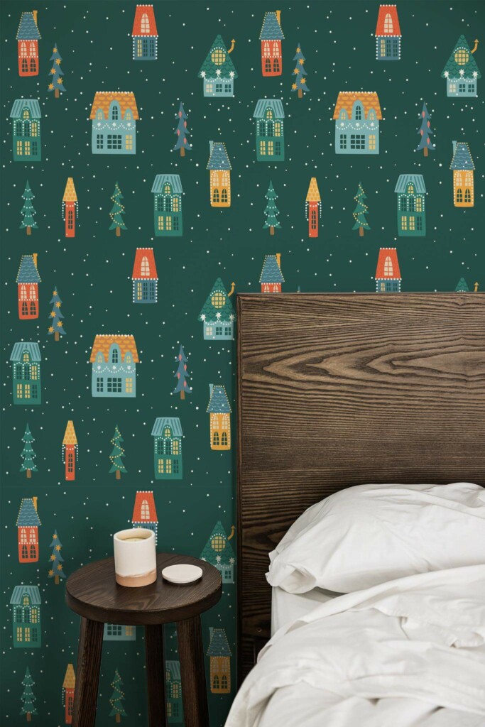 Farmhouse style bedroom decorated with Christmas houses peel and stick wallpaper