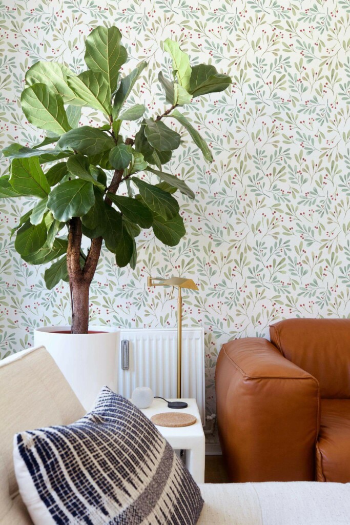 Mid-century style living room decorated with Christmas leaf peel and stick wallpaper