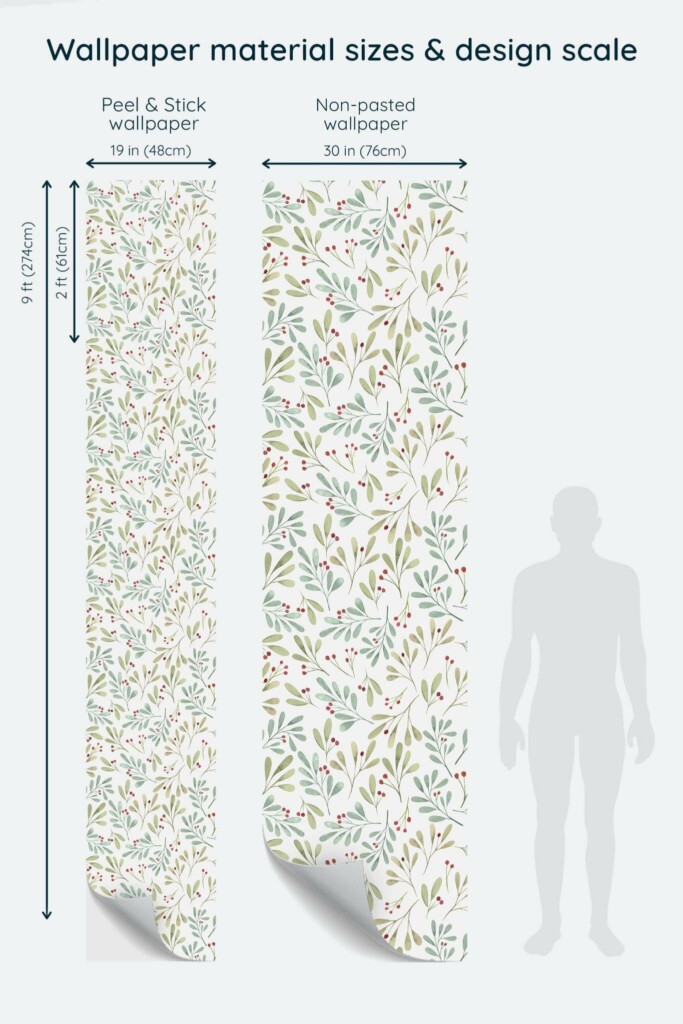 Size comparison of Christmas leaf Peel & Stick and Non-pasted wallpapers with design scale relative to human figure