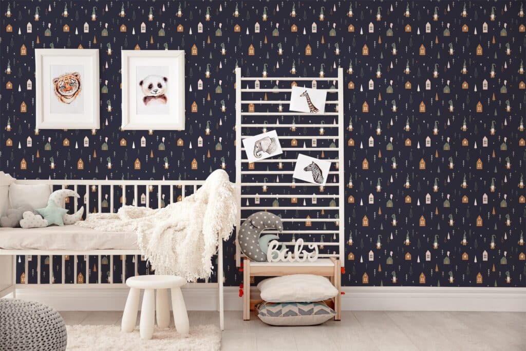 elves navy blue traditional wallpaper